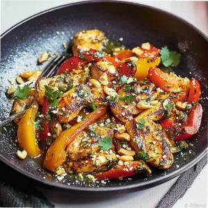 Chicken stir-fry with colorful bell peppers and crushed peanuts served in a wok