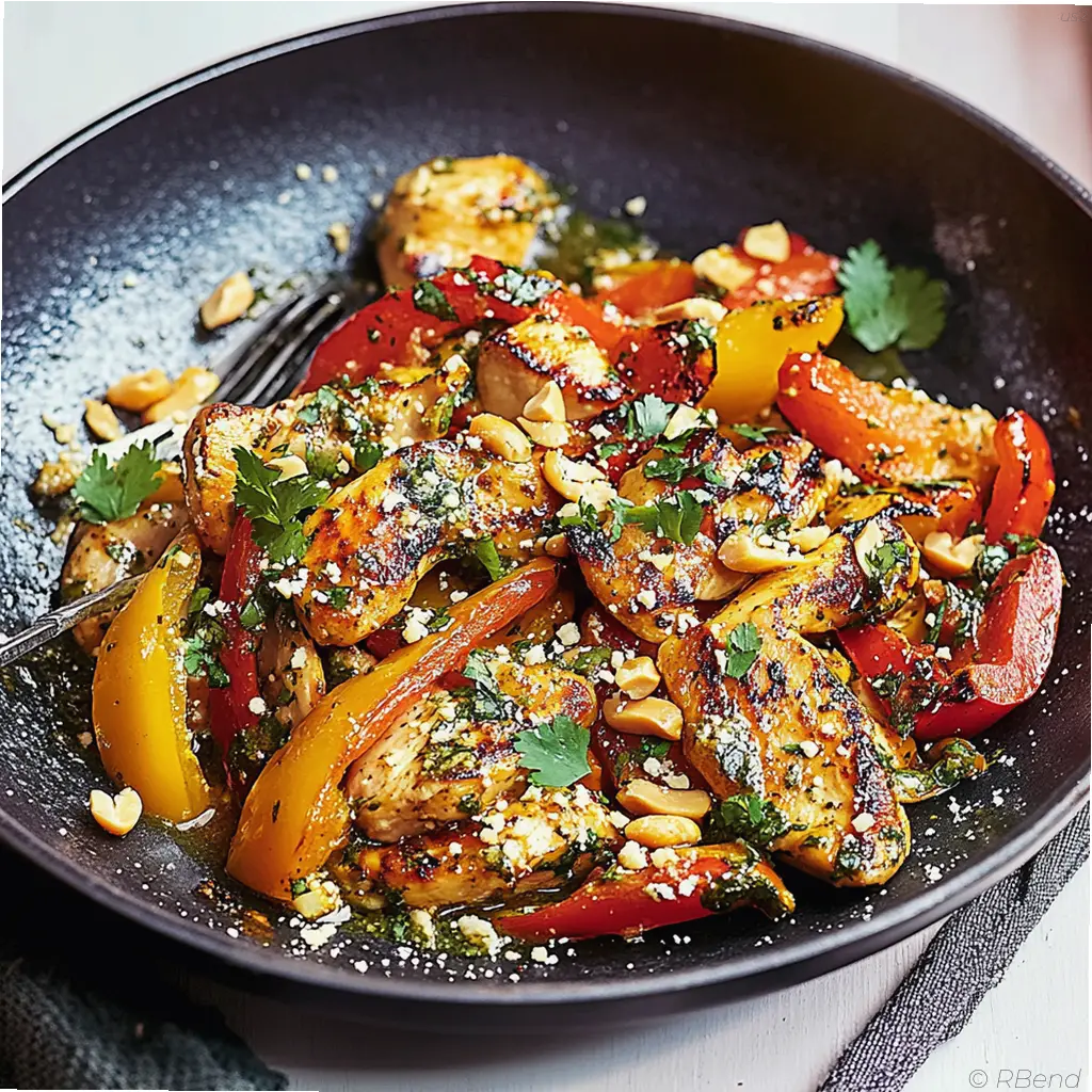 Chicken stir-fry with colorful bell peppers and crushed peanuts served in a wok