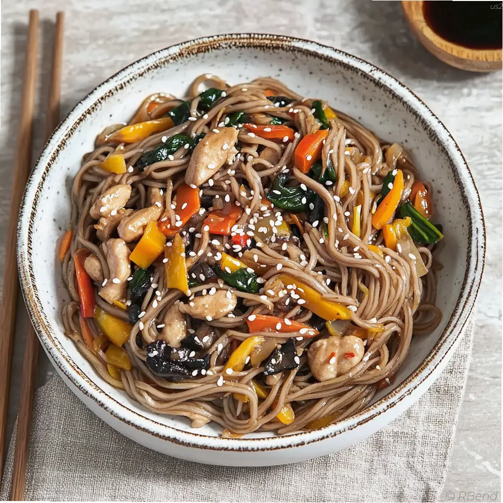 Chicken stir-fry with Chinese noodles and wok vegetables garnished with chopped peanuts