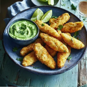 Crispy coconut crusted chicken tenders served with creamy avocado sauce and lime wedges