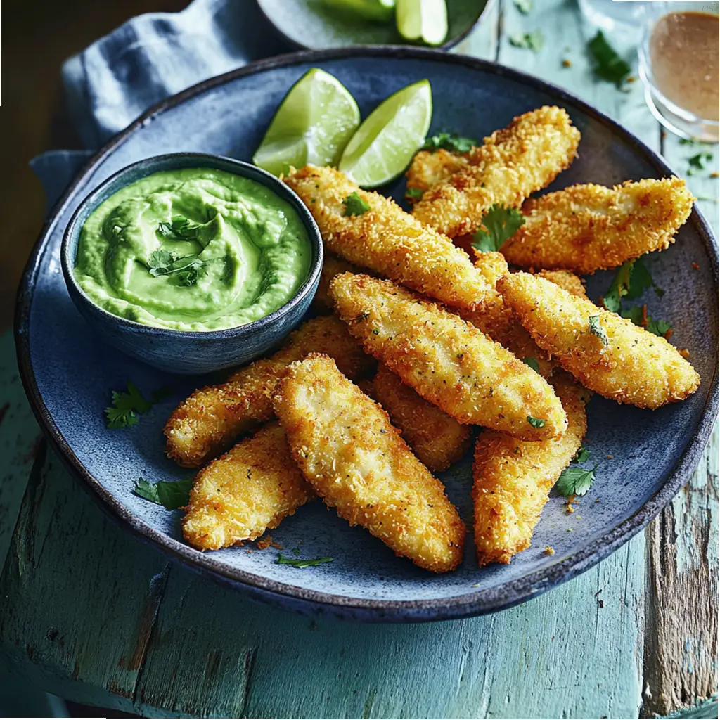Crispy coconut crusted chicken tenders served with creamy avocado sauce and lime wedges