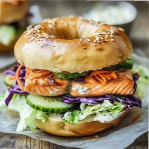 Fresh salmon gardener bagel with thin seared salmon slices and crisp vegetables on toasted bagel bread