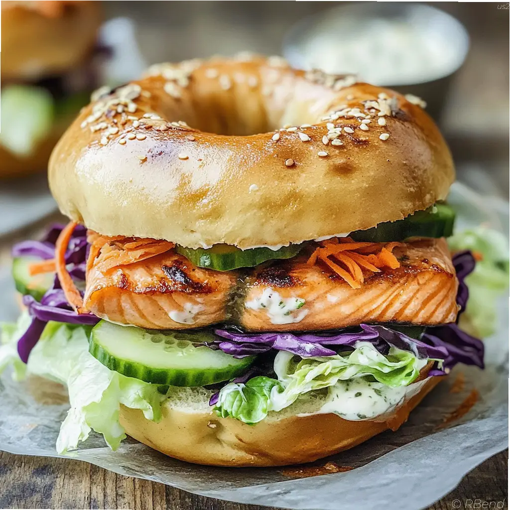 Fresh salmon gardener bagel with thin seared salmon slices and crisp vegetables on toasted bagel bread
