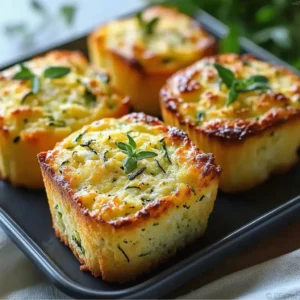 Golden goat cheese zucchini cake slices garnished with fresh herbs on a rustic plate