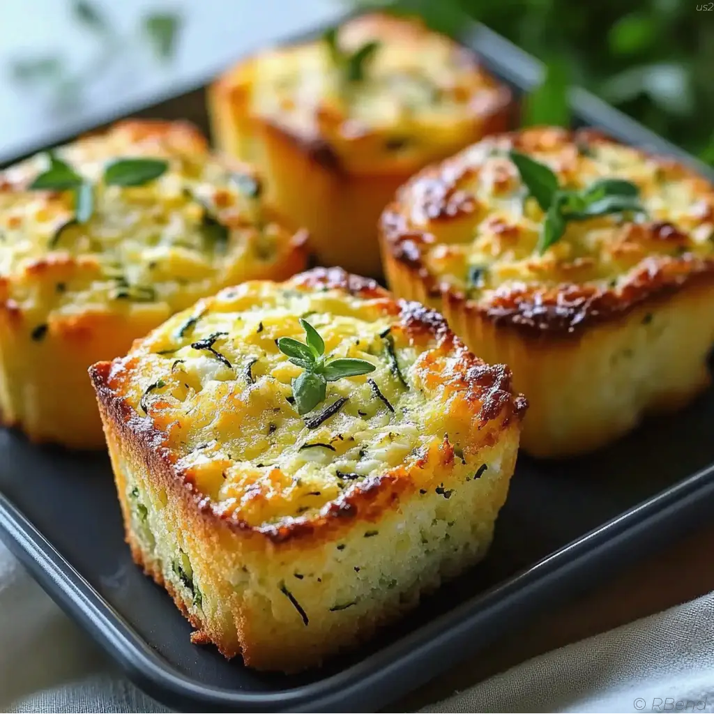 Golden goat cheese zucchini cake slices garnished with fresh herbs on a rustic plate