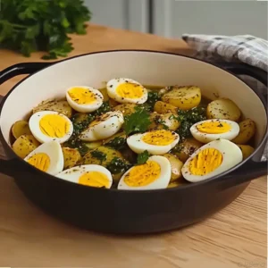 Green sauce potatoes with soft boiled eggs and parsley sauce served in a bowl
