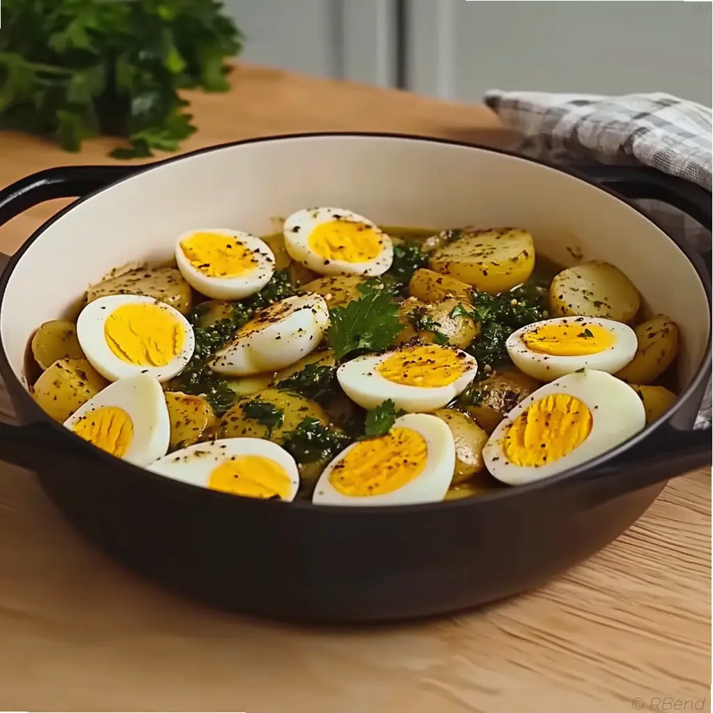 Green sauce potatoes with soft boiled eggs and parsley sauce served in a bowl