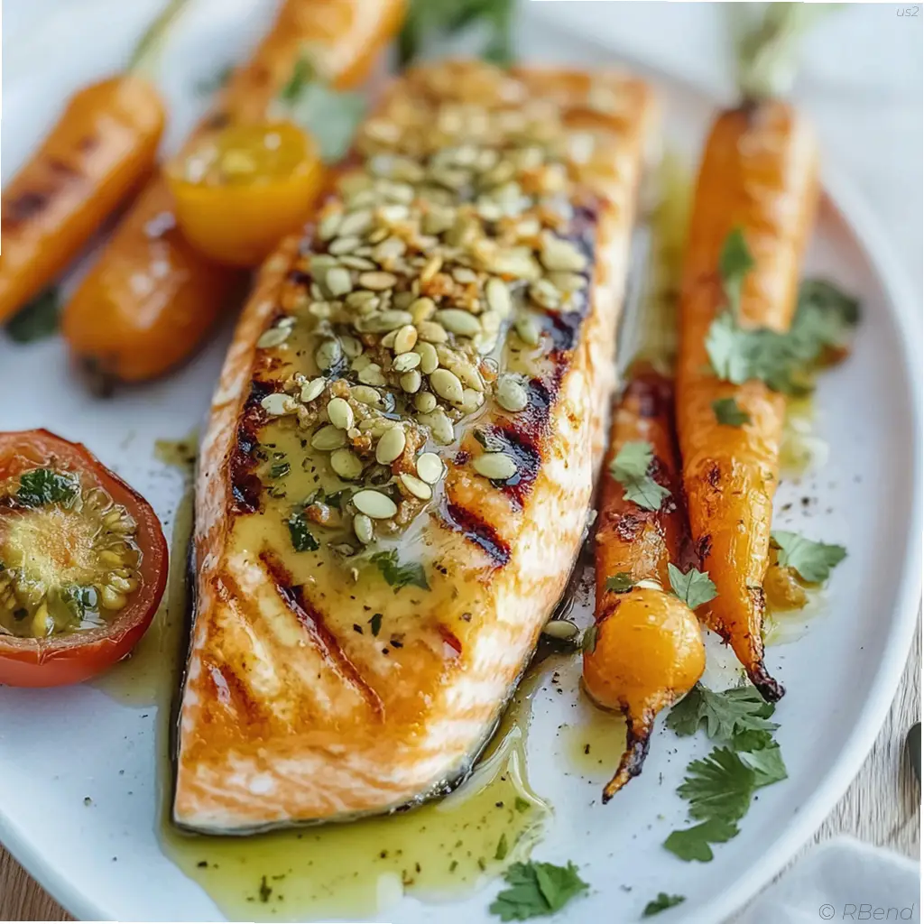 Honey mustard grilled salmon fillet with roasted carrots and tomato crumble on a white plate