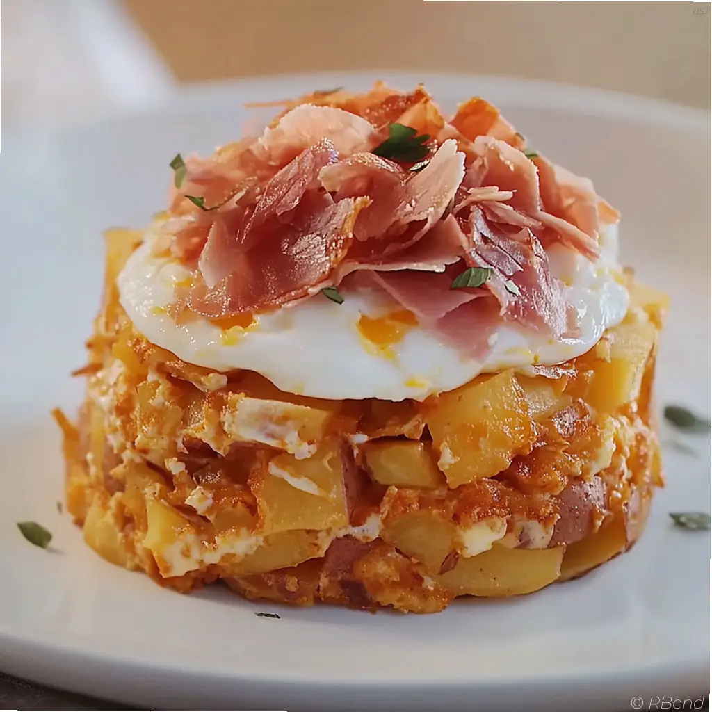 Huevos rotos with turkey ham featuring crispy fried potatoes, runny eggs, and thin slices of turkey ham on a white plate