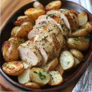 Oven-roasted turkey tenderloin sliced with roasted potatoes and onions served with creamy mustard sauce