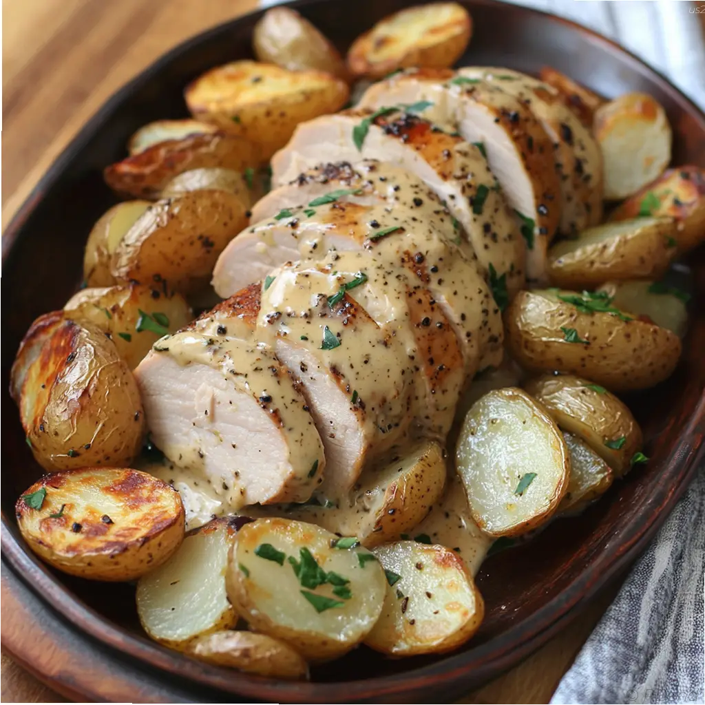 Oven-roasted turkey tenderloin sliced with roasted potatoes and onions served with creamy mustard sauce