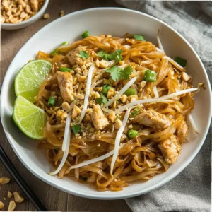 Pad Thai with chicken and rice noodles garnished with crushed peanuts and lime wedges