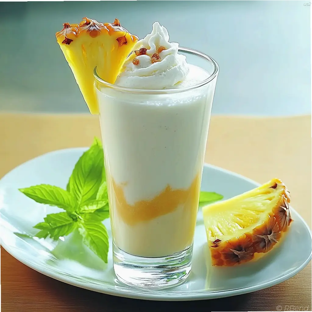 Pineapple rum-raisin milkshake in a tall glass garnished with a pineapple slice.