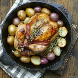 Roasted chicken leg quarters with potatoes and onions in a white baking dish