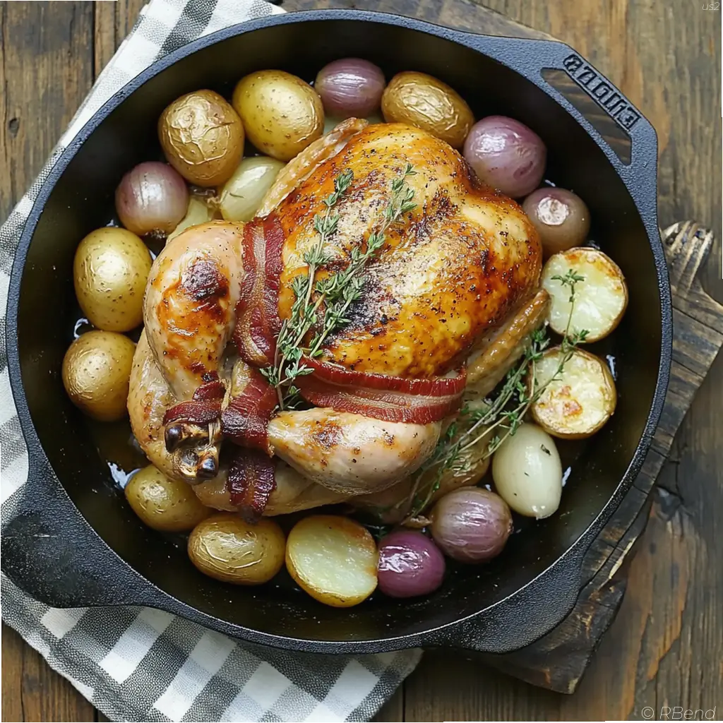 Roasted chicken leg quarters with potatoes and onions in a white baking dish