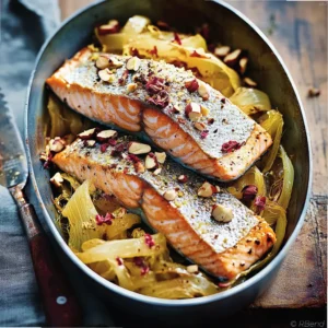Roasted salmon fillets with thinly sliced fennel and toasted hazelnuts on a white dish