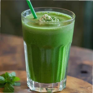 Saint Patrick’s Milkshake in a glass with a green color, topped with fresh mint and basil leaves.