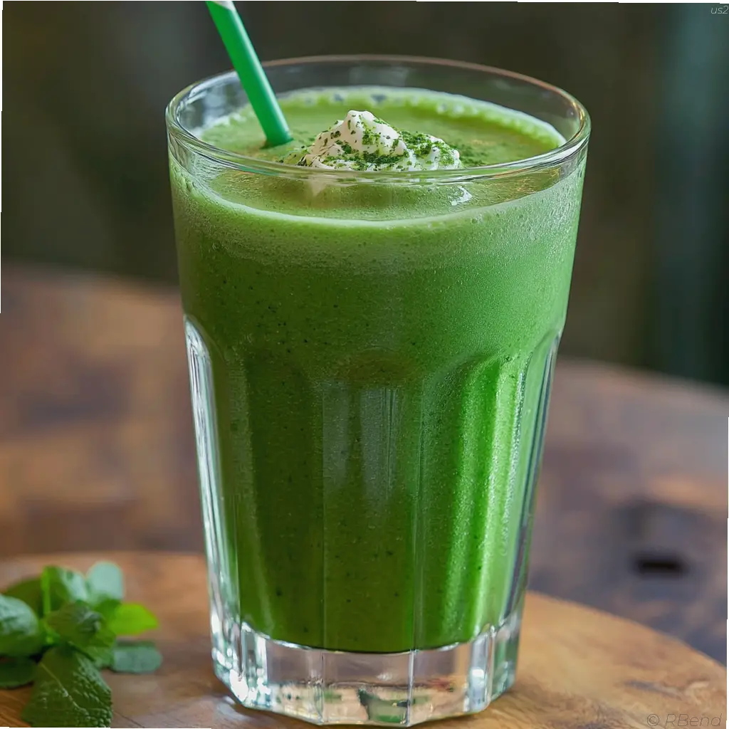 Saint Patrick’s Milkshake in a glass with a green color, topped with fresh mint and basil leaves.