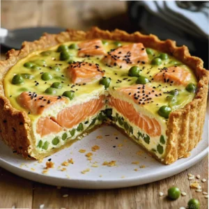 Salmon peas cream cheese quiche with sesame crust on a white plate