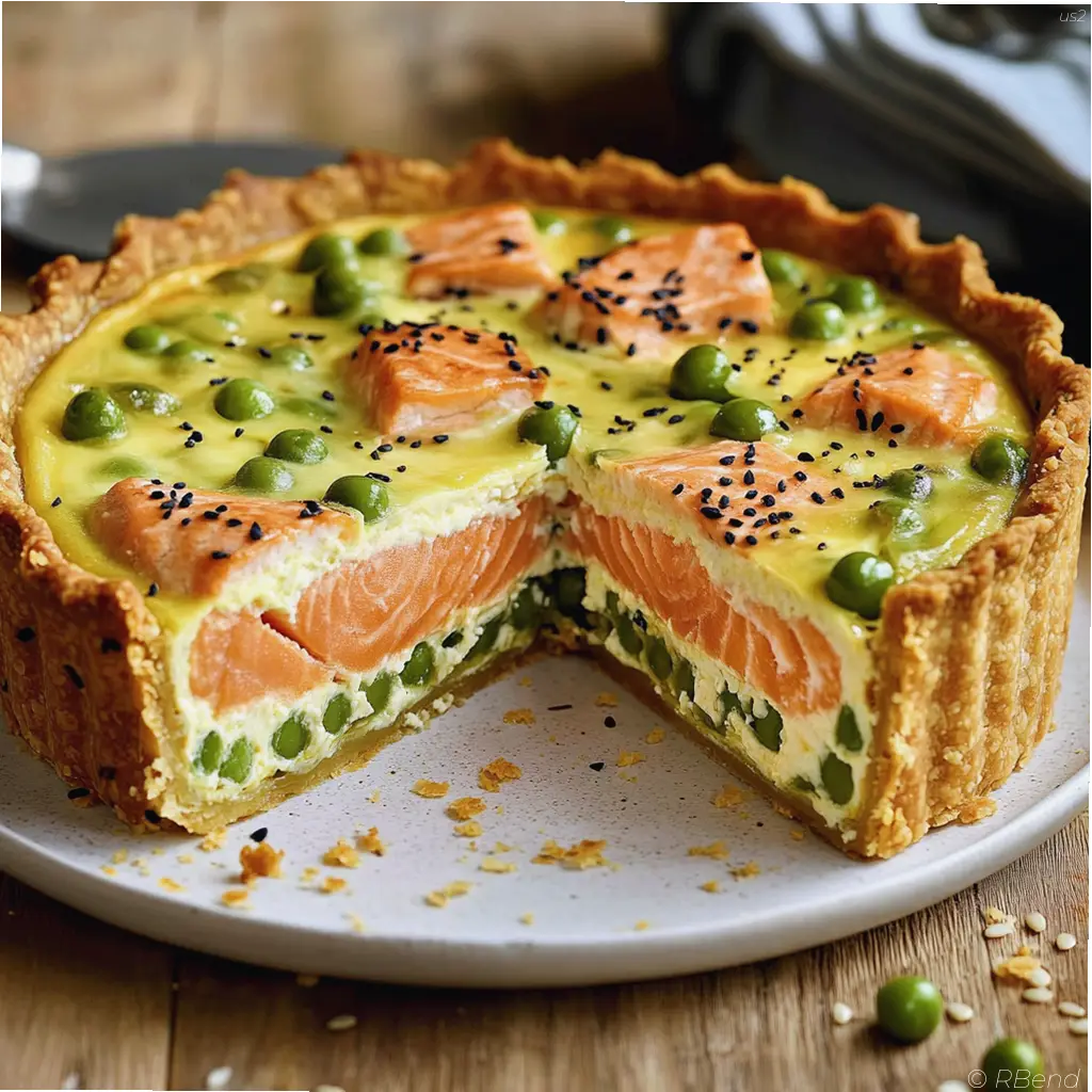 Salmon peas cream cheese quiche with sesame crust on a white plate