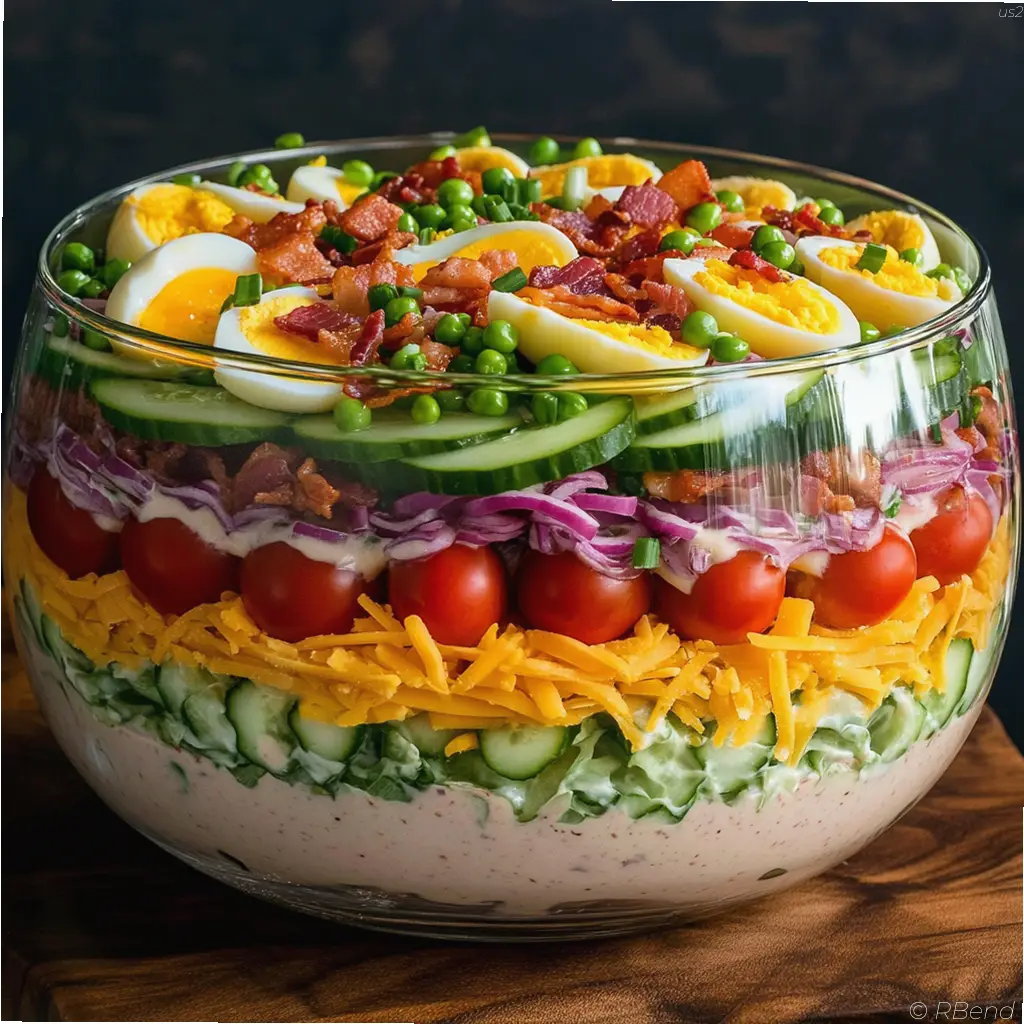 Colorful seven layer salad with crisp vegetables bacon and cheddar cheese in a clear bowl Title: Seven Layer Salad