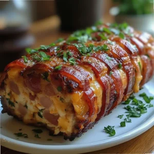 Sliced chicken meatloaf with melted cheddar cheese and crispy smoked bacon on a serving plate