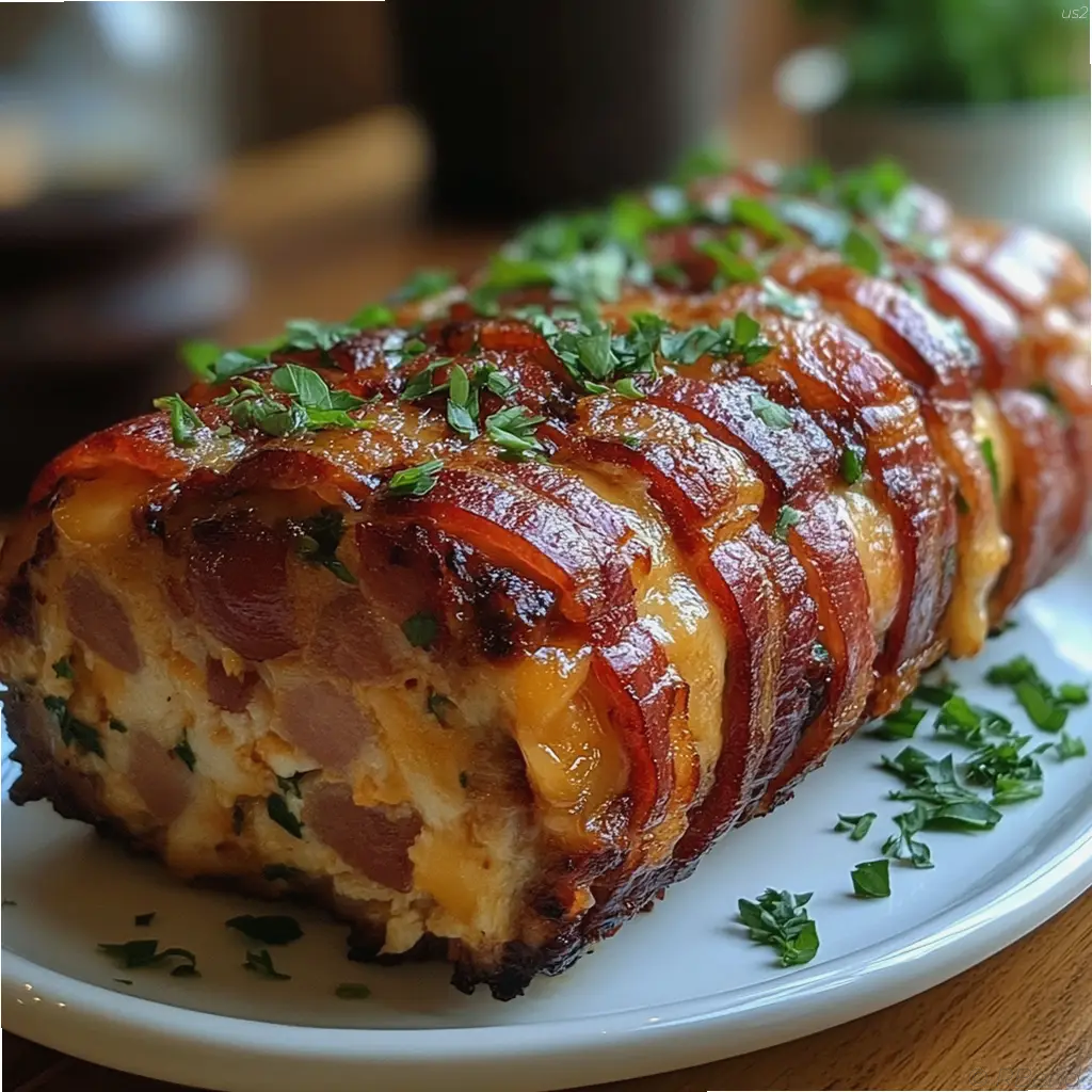 Sliced chicken meatloaf with melted cheddar cheese and crispy smoked bacon on a serving plate