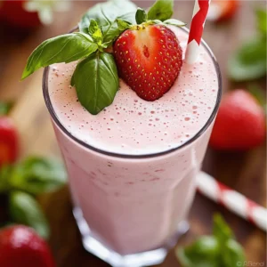 Strawberry basil milkshake in a glass garnished with fresh strawberries and basil leaves