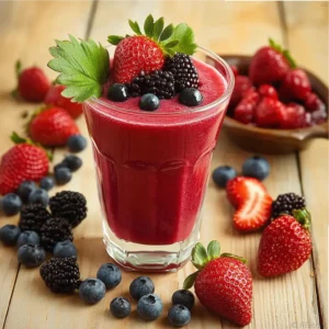 Strawberry milkshake in a tall glass garnished with fresh strawberries.