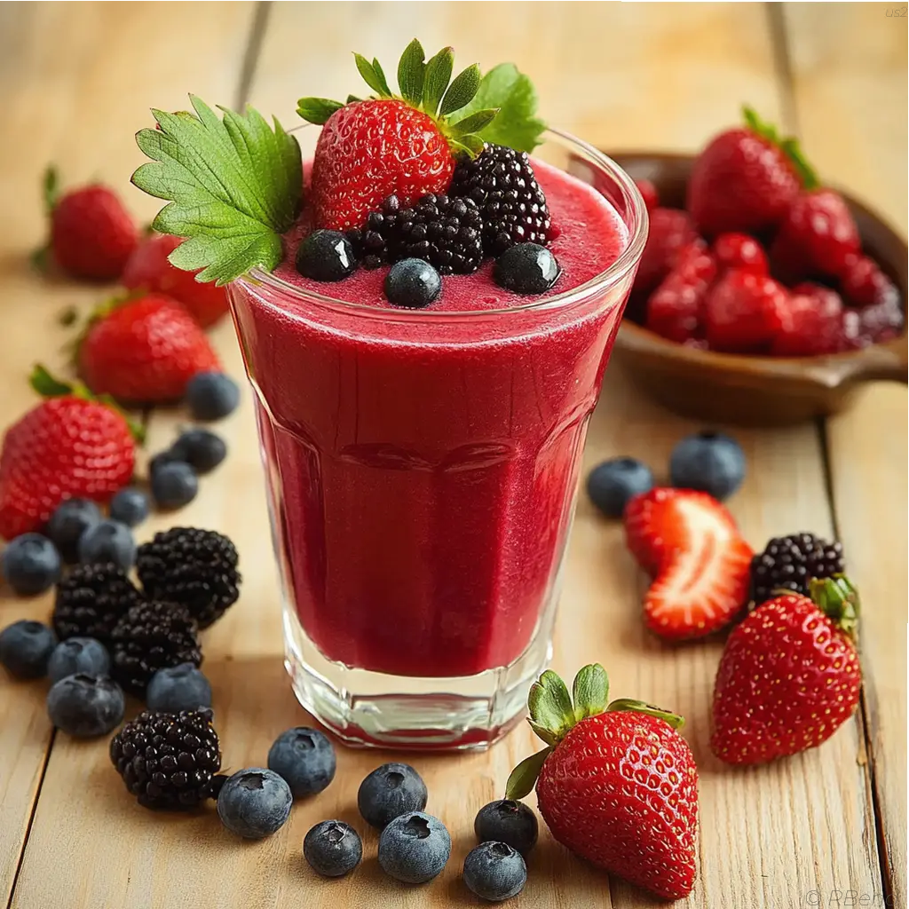 Strawberry milkshake in a tall glass garnished with fresh strawberries.