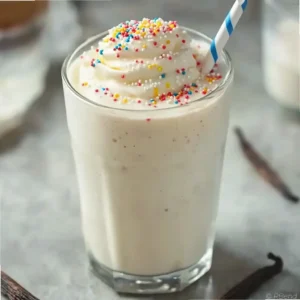 Creamy vanilla milkshake in a tall glass with a vanilla bean garnish.
