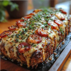 Sliced veal meatloaf with melted mozzarella cheese and caramelized crispy bacon on a serving plate