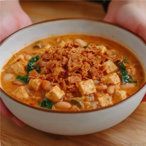 White bean stew with crispy tofu cubes served in a bowl with fresh vegetables