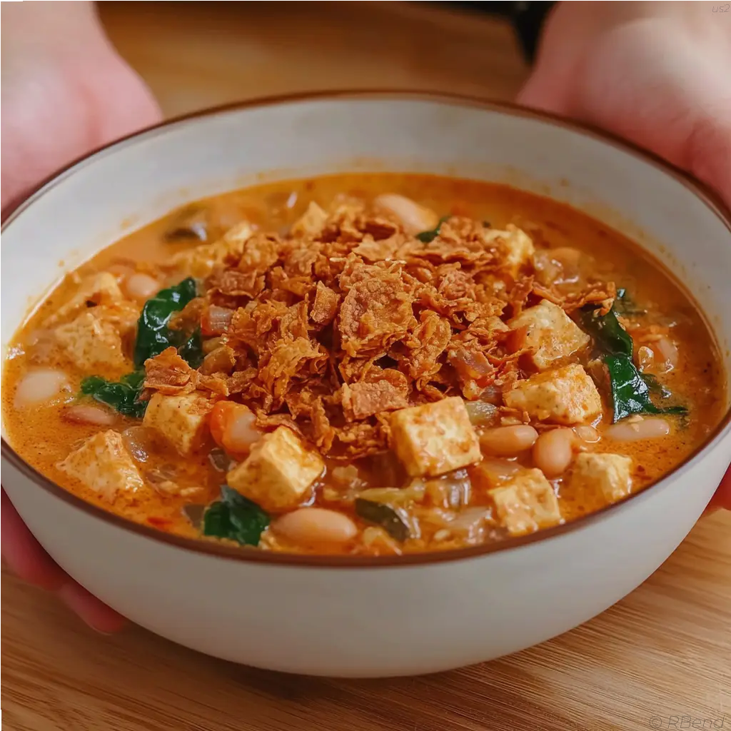 White bean stew with crispy tofu cubes served in a bowl with fresh vegetables