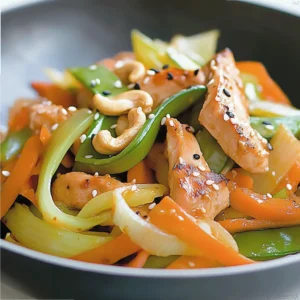 Winter vegetable stir-fry with grilled chicken, carrot ribbons, leeks, and cashew nuts served in a wok