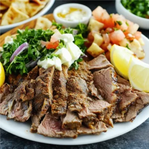 Slow roasted lamb shawarma with spice crust, sliced and served with fresh herbs
