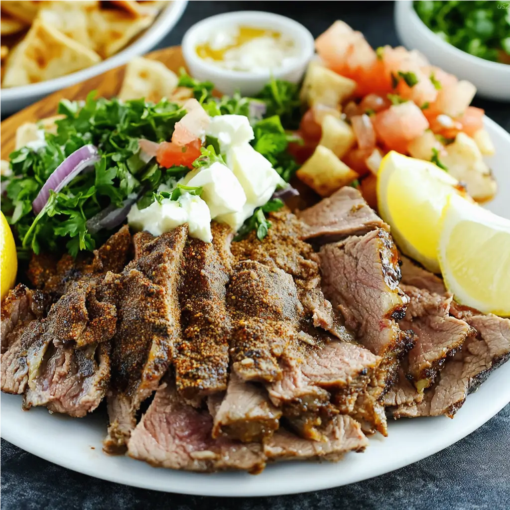 Slow roasted lamb shawarma with spice crust, sliced and served with fresh herbs
