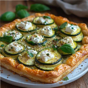 Golden zucchini feta tart with fresh basil on a rustic plate