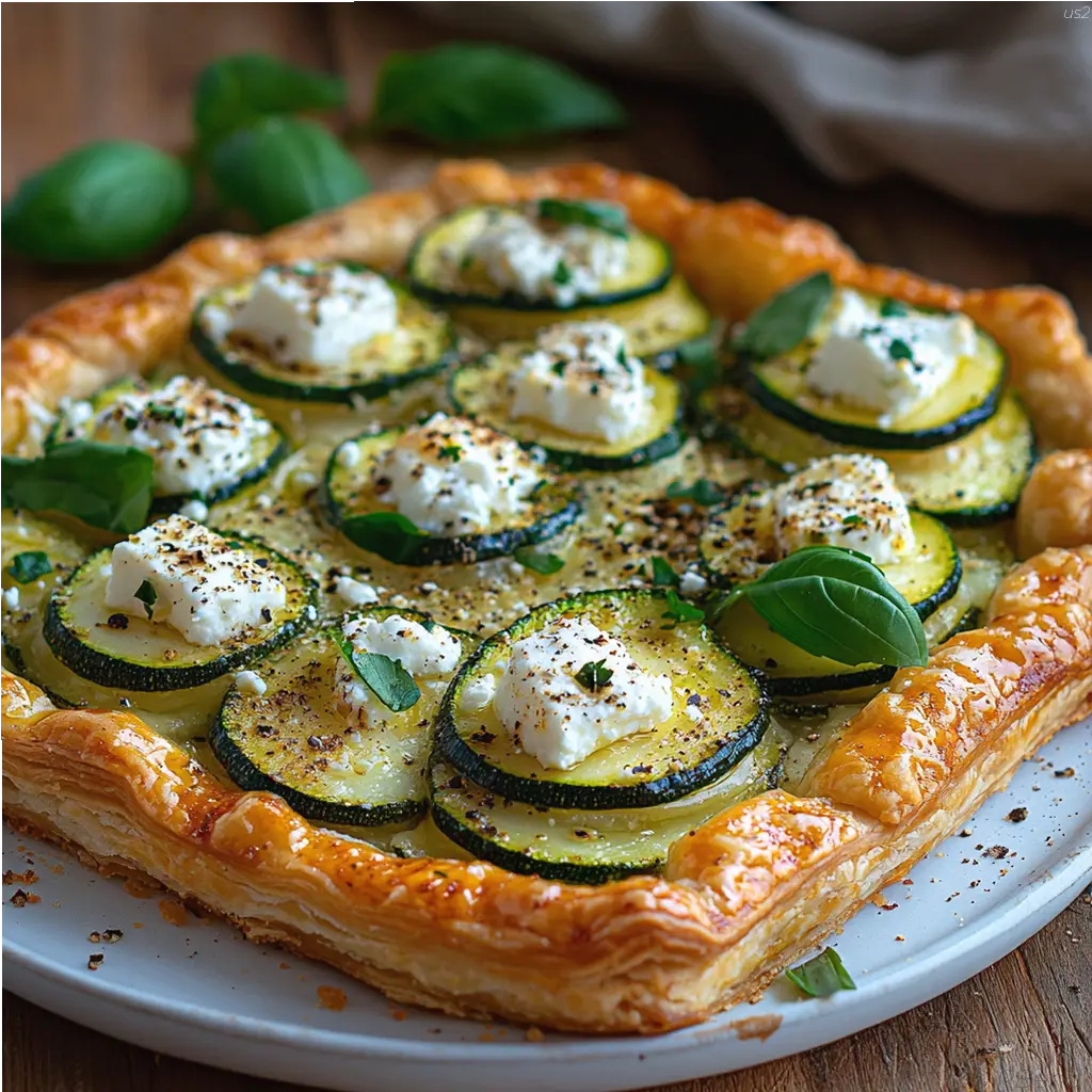 Golden zucchini feta tart with fresh basil on a rustic plate