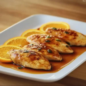 Orange glazed chicken breasts with citrus sauce in skillet