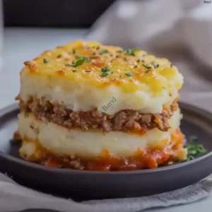 Meat and potato casserole with cheese topping in a baking dish