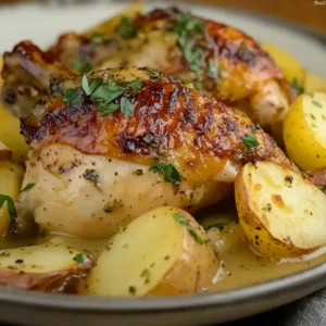 Crispy roasted chicken leg quarters with golden potatoes and apples