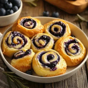 Flaky crescent rolls filled with blueberry cheesecake filling on parchment paper