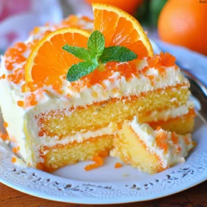 Slice of orange creamsicle cake with orange frosting and mint