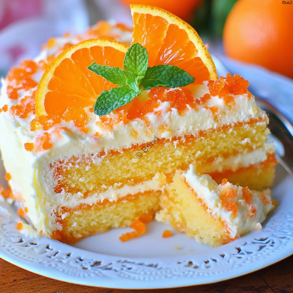 Slice of orange creamsicle cake with orange frosting and mint