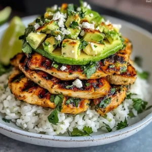 Honey lime chicken rice stack with avocado in a white bowl