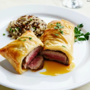 Golden beef bricks wrapped in crispy pastry on a white plate