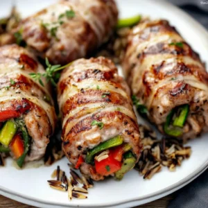 Stuffed veal rolls with colorful vegetables on a white ceramic plate