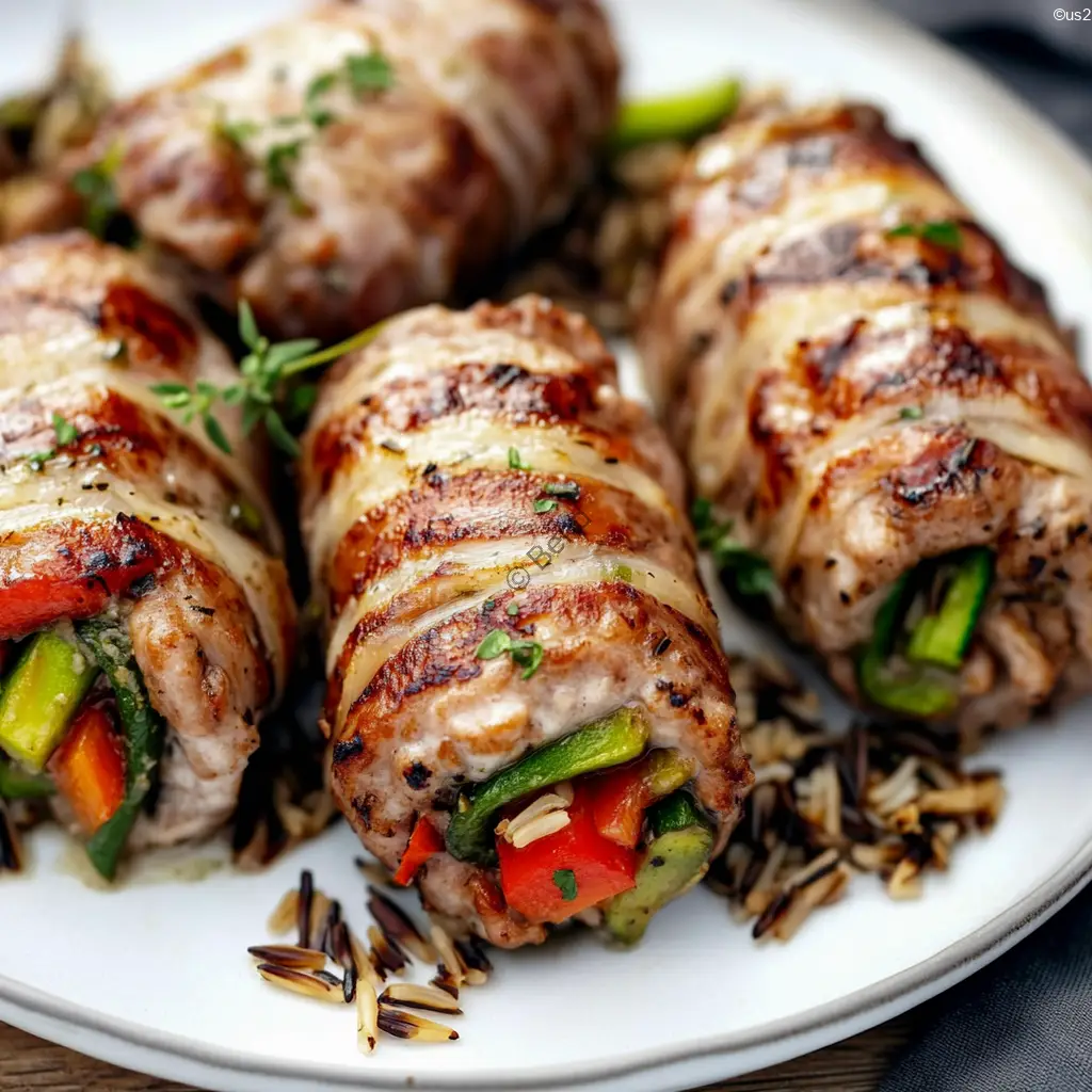 Stuffed veal rolls with colorful vegetables on a white ceramic plate