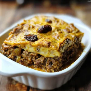 South African beef bobotie with golden custard topping in a white baking dish